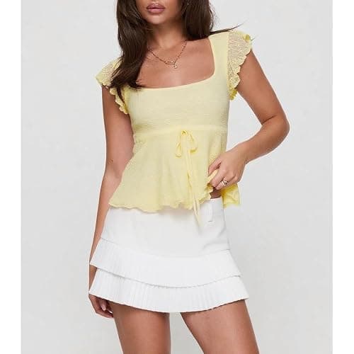 Women Square Neck Peplum Top Y2k Cap Sleeve Layered Ruffle Trim Printed Top Lace Up Slim Fit Solid Color Shirt thumbnail 3