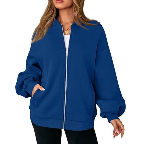 EOPUING Zip Up Jacket No Hood Casual Spring Fall Lightweight Oversized Bomber Jacket Women Hoodless Sweat Jacket thumbnail 2