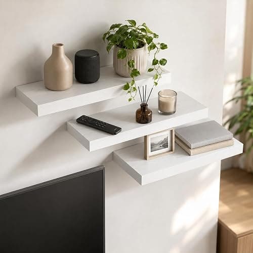 VESTRIAN Floating Shelves for Wall, White Wall Mounted Wood Shelves Set of 3, 16 Inch Rustic Storage Shelves for Bathroom, Bedroom, Living Room, Kitchen Decor, 22 lbs Capacity (White) thumbnail 4
