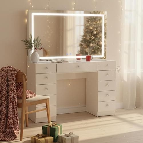 Boahaus Amelia Large Makeup Vanity Desk with Dimmable LED, 2 Bluetooth Speakers, USB Type C & Type A, 110 V Power Outlet, 11 Drawers, Crystal Knobs, Premium White thumbnail 3
