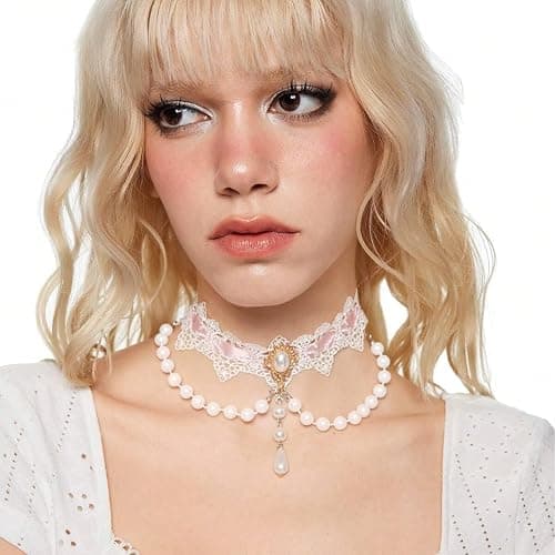 Elegant Gothic Lace Rose Choker Necklace Halloween Vintage Pearl Necklaces Halloween Victorian Lolita Costume Accessories Bridal Wedding(Pink White) thumbnail 4