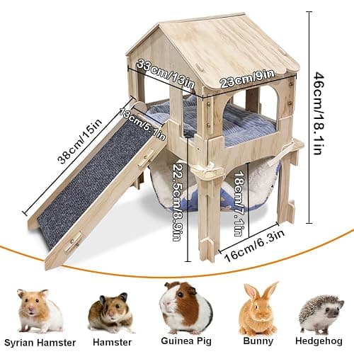 Groß Meerschweinchen Haus mit Rampe Hängematte und Bett, Zweistöckiges zerlegbares Häuschen für Meerschweinchen Kaninchen Hamster Chinchillas thumbnail 2