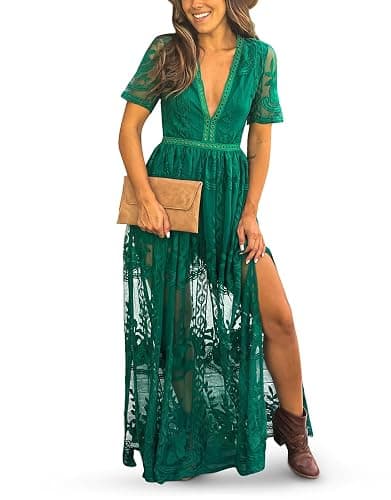 Eleter Women's Deep V-Neck Lace Romper Short Sleeve Long Dress - Image 1
