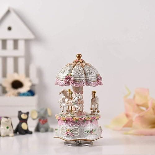 Carousel Music Box, Luxury Color Change LED Music boxes, Luminous Light 3-horse Rotating Windup Musical Christening Gifts for Girls thumbnail 2