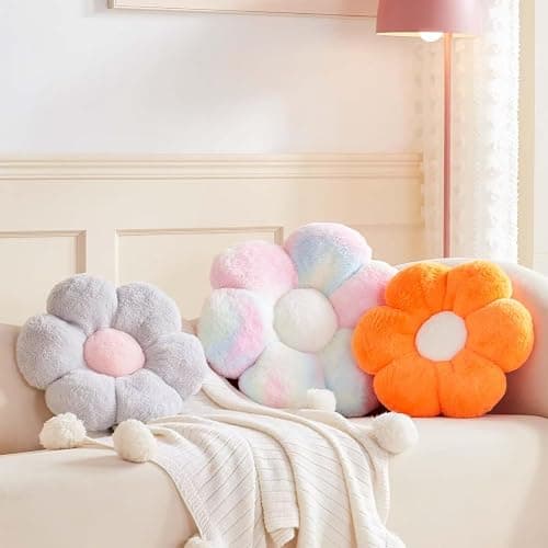 Kcvvcr Silver Decorative Throw Pillow with Faux Rabbit Fur, 14.9" Soft Plush Flower Shaped Floor Pillow for Bedroom Living Room thumbnail 3