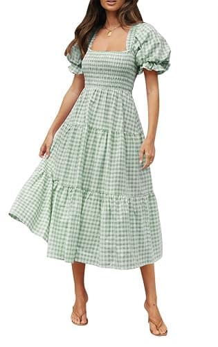 ZESICA Women's 2026 Boho Summer Dresses Gingham Puff Sleeve Square Neck Flowy Beach Midi Dress - Image 1