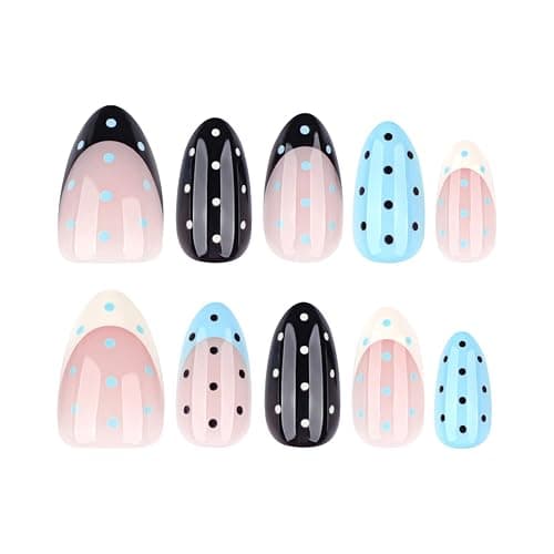 24PCS Soft Gel Press On Nails Almond Polka Dot Nude Blue Black Glossy, Reusable Glue On Fake Nails Acrylic Look False Nails for Women thumbnail 2