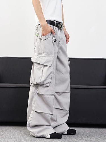 DFGIGT Mens Denim Baggy Pants with Cargo Pockets Mid Weight Casual Streetwear Wide Leg Jeans Hip Hop Skater Trousers thumbnail 3