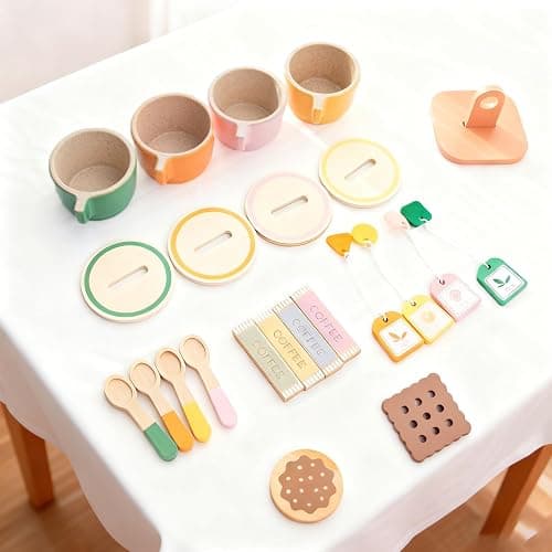 Benhurb Wooden Tea Set for Toddlers, Childrens Tea Party set for Kids, Afternoon Teapot Coffee Kitchen Accessories Pretend Role Play Food Toys Birthday for 3 4 5 Years Old Girls Boys thumbnail 4