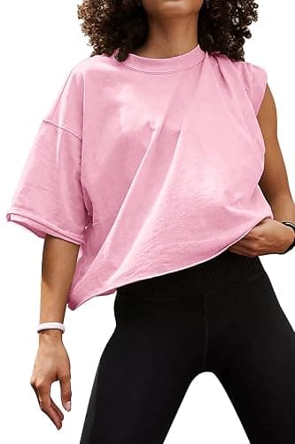 Women's Oversize Workout Crop Tops Casual Short Sleeve Drop Shoulder Boxy T-Shirts Roll Hem Basic Loose Yoga Running Tees - Image 1
