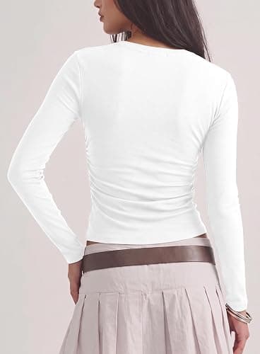 Darong Womens Long Sleeve Basic Shirt Crew Neck Ruched Fitted Fall Tops | Crew Neck Slim Basic Tee,Soft Ribbed Layer Clothing,Fall Outfits,Casual Going Out & Work T-Shirts,Travel & Everyday Wear thumbnail 2
