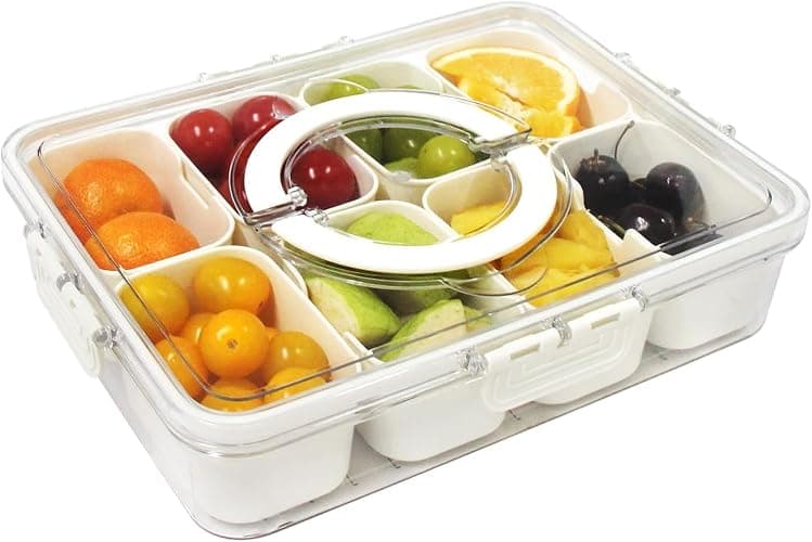 Yuroochii Snackle Box Container, Portable Snack Box 8 Compartment Divided Serving Tray with Lid & Handle, Clear Snack Charcuterie Platter for Travel Candy Party Fruit Salad (White) - Image 1