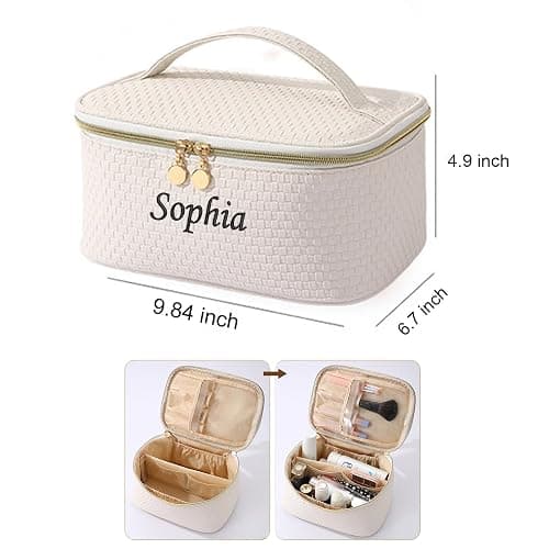 GOPHIE Personalized Embroidery Large Travel Makeup Bag - PU Leather Cosmetic Organizer Case for Women,Waterproof Makeup Pouch thumbnail 4