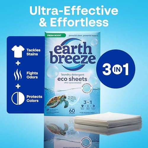 Earth Breeze Laundry Detergent Sheets Fresh Scent - 60 Loads Eco Liquidless Soap - Travel-Friendly for Hot & Cold Cycles, Tackles Tough Stains & Odors - Gentle on Skin, 30 Ct thumbnail 4