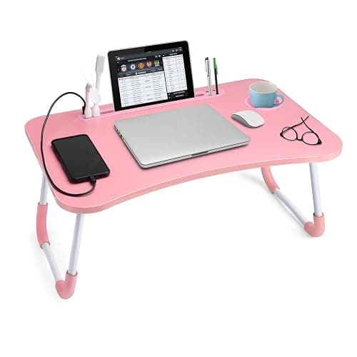 Slendor Lap Desk with Cup Holder, Foldable Laptop Table for Bed, Portable Bed Desk for Laptop and Writing, Computer Tray with Tablet Slot, Notebook Stand Reading Holder for Couch Sofa Floor,Pink - Image 1