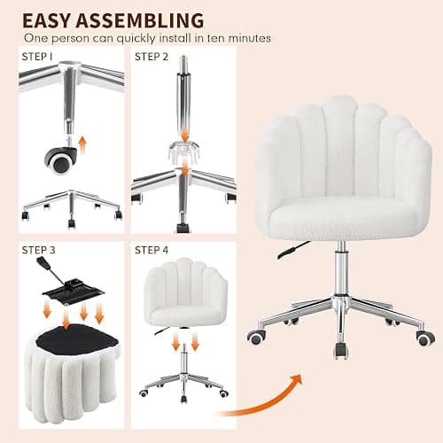 TRIOBLADE Boucle Desk Vanity Chair with Wheels with Thick Padded 360°Swivel Dressing Table Makeup Accent Chairs with Adjustable Height for Bedrooms Office Living Room Nail Women Girls (White) thumbnail 6