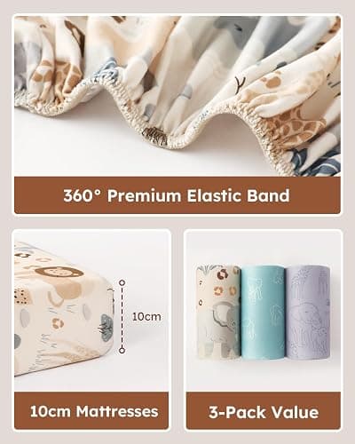 Unnivoll Next to Me Crib Sheets 51 x 85 cm Super Soft & Breathable Bedside Crib Fitted Sheets 3 Pack Apricot Green Gray Elephant thumbnail 5