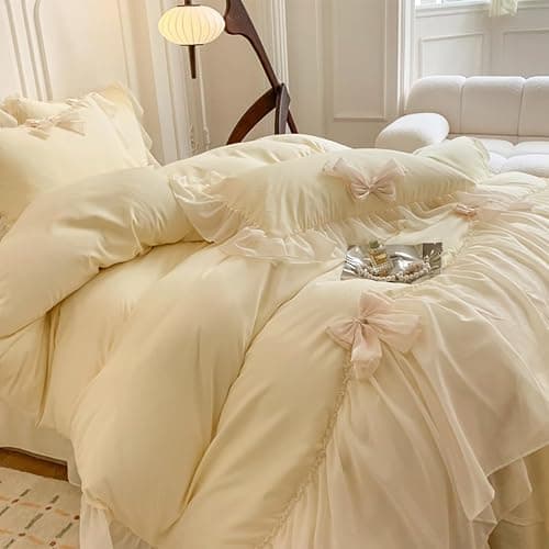 ❤️SOUKECHY Ruffled Bedding Bow Duvet Cover Set with Butterfly Tie, Full Comforter Cover Set, Shabby Chic Bedding Set,Romantic French Princess Style -Yellow,Full thumbnail 6