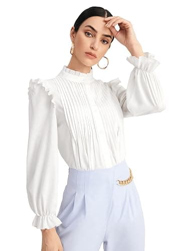 WDIRARA Women's Pleated Ruffle Trim Flounce Long Sleeve Mock Neck Blouse Top - Image 1