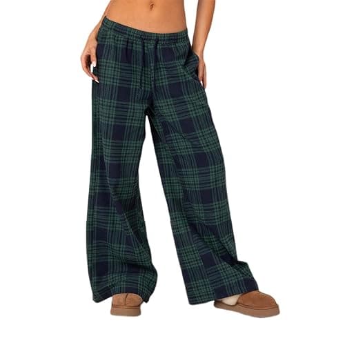 Women's Plaid Pajama Pants Low Rise Gingham Lounge Pants Plaid Pj Pants Sleep Bottoms Wide Leg Trousers Streetwear - Baggy Blue - Small - Image 1