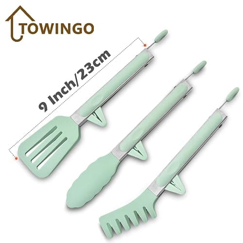 Kitchen Tongs for Cooking, 9 Inch Small Silicone Tongs, Food Grade Mini Serving Tongs with Silicone Tips, Set of 3, Green thumbnail 3