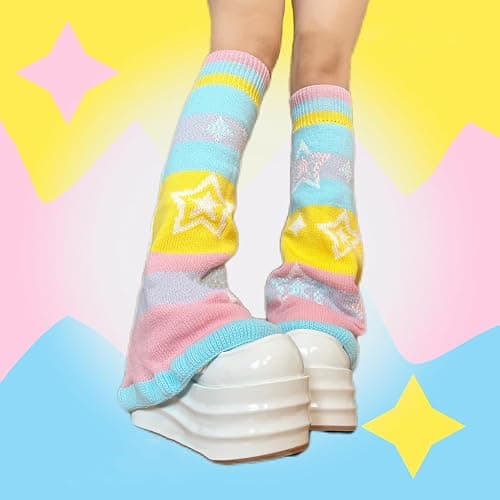 LIURONGNI Candy Color Rainbow Reversible Flared Leg Warmers with Sweet Star Pattern for Women Aesthetic Knitted Foot Covers Socks thumbnail 7