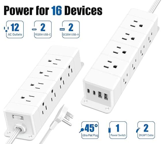 ANNQUAN 40W Fast Charging Under Desk Power Strip,12 Outlet Mountable Power Strip with 4 USB,1200J Surge Protection,6FT Flat Extension Cord thumbnail 3