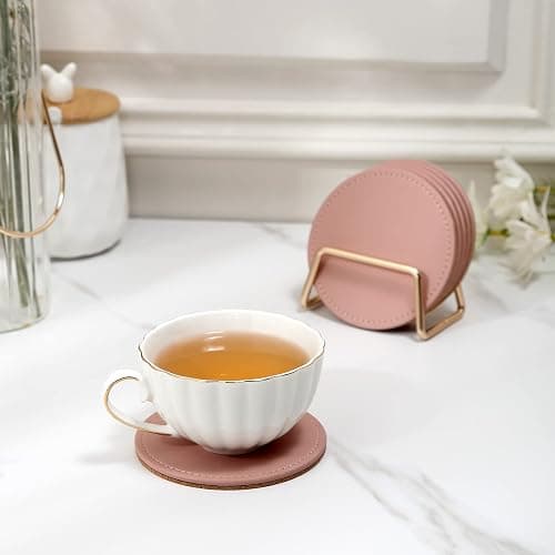 CASEGRACE Drink Coasters with Metal Holder Stand Set of 6, PU Leather Absorbent Coasters with Cork Base Table Coaster Set Decorative Coffee Cup Coasters Housewarming Gift for Home Decor thumbnail 2