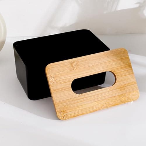 Tissue Box with Bamboo Cover,Plastic Tissue Organizer,Bathroom Tissue Dispenser for Home,Bedroom,Office,Living Room,8.1×4.6×2.9 in (Black) thumbnail 4