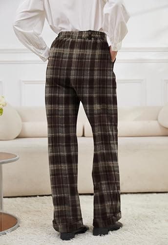 Rasutina Women Plaid Dress Pants High Waisted Wide Leg Pants Fleece Pants for Women Stretchy Fall Trousers thumbnail 5