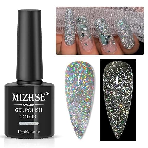 MIZHSE Glitter Gel Polish, Silver Sparkle Gel Nail Polish Diamond Disco Reflective Glitter Gel Polish Soak Off U V Nail Art Varnish Manicure Home DIY 10ml - Image 1