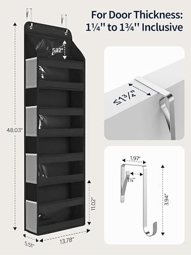 Yecaye 5 Tier 1Pc Over the Door Organizer, Swing-proof Door Organizer Hanging with Clear PVC Windows, Behind the Door Storage for Bedroom Nursery Closet Laundry Pantry Bathroom, Black thumbnail 3