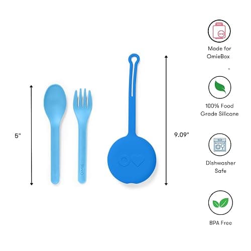 Omie OmieBox Kids Utensils Set with Case - 2 Piece Plastic, Reusable Fork and Spoon Silverware with Pod for Kids (Blue) thumbnail 3