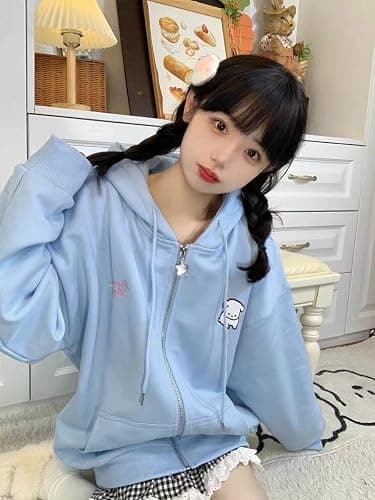 OATSBAS Kawaii Zip Up Hoodie Women Cute Cartoon Embroidery Oversized Pullover Sweatshirt Harajuku Kawaii Hooded Top thumbnail 2