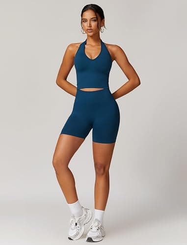 ABOCIW Workout Sets for Women 2 Piece Seamless Halter Cropped Tank Scrunch Butt Lifting High Waist Shorts Gym Sets thumbnail 5