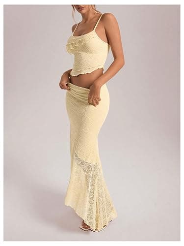 PRSFPN Women's 2 Piece Outfits Ruffled Cami Crop Top & Flowy Maxi Skirt Boho Chic Sets thumbnail 2