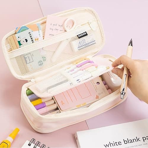 MAMUNU Expandable Pencil case with compartments, Large Capacity Pencil Cases Pencil Bag Pouch Office School, Portable Pencil Case Large School Stationery Organizer, Makeup Cosmetic Bag, Pink thumbnail 2