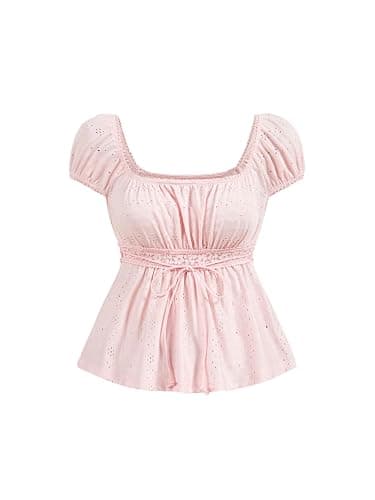 SOLY HUX Women's Short Sleeve Babydoll Tops Cute Summer Blouse | Peplum Top for Teen Girls, Square Neck, Lace Tops, Summer T Shirts - Image 1