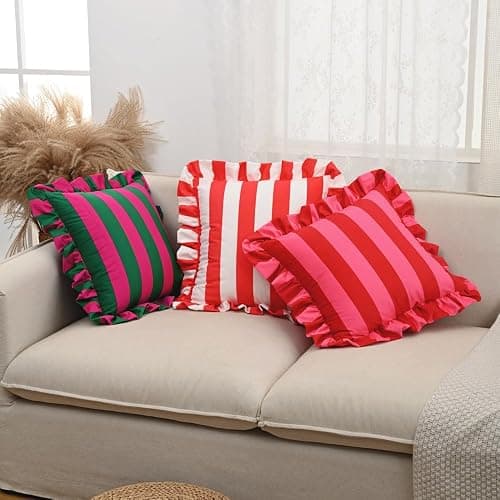 vctops Ruffle Square Throw Pillow Covers Boho Pink and Red Striped Decorative Pillowcases Set of 2, Soft Velvet Accent Cushion Cover Cases for Sofa Bed Living Room Decor (Pink,18"x18") thumbnail 4