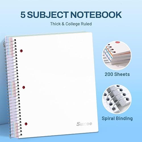 SUNEE 5 Subject Notebook College Ruled - 400 Pages, 9"x11", 5 Pocket Colored Dividers, 3-Hole Punched Paper, White thumbnail 3