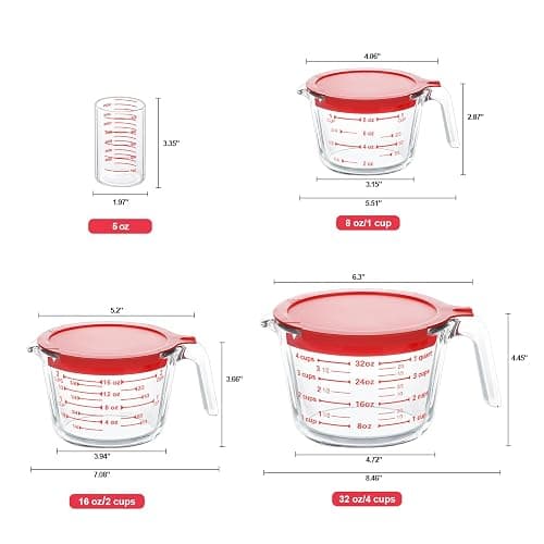 KOMUEE 4 Piece Glass Measuring Cups Set, 5 Oz, 1-Cup, 2-Cup, 4-Cup Liquid Measuring Cups with Lids for Kitchen, Freezer and Microwave Safe thumbnail 3