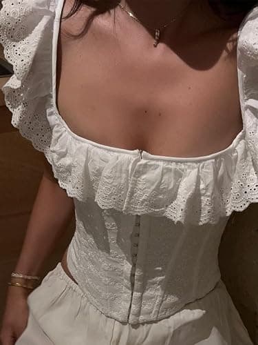 White Corset Top Lace Push Up Bustier Corset Tie Up Tanks Top | Women Y2K Cute Corset Top, Square Neck, Slim Fit, Off Shouler, Bustier Shapewear Lingerie, Eyelet Top, Bandage Crop Top thumbnail 5