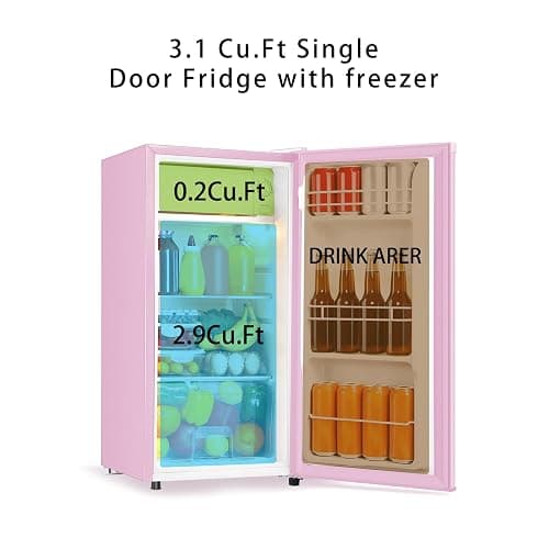 Seaoola Mini Fridge with Freezer, Single Door 3.1 Cu.Ft, Compact Mini Refrigerator, LED Light, Adjustable Thermostat, Removable Glass Shelves, Small Refrigerator for Dorm/Office/Bedroom(Pink) thumbnail 5