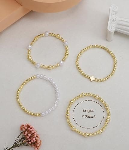 BOMAIL Gold Beaded Bracelets for Women Trendy Non Tarnish Gold Bracelet Stack 14K Gold Plated Pearl Bead Bracelets Cross Bracelets Set Stackable Stretch Beads Bracelet thumbnail 6