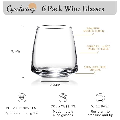 Stemless Wine Glasses Set of 6-14.5oz Hand Blown Heavy Red White Wine Glasses Unique gifts for him/her wedding, birthday, Mother's/father's day, anniversary thumbnail 2