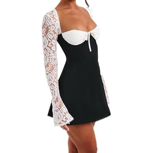 FeMereina Women 's Elegant Lace Long Sleeve Dress Lace Patchwork Low Cut Mini Dress Backless Tie-up Going Out Dress thumbnail 4