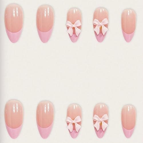 Pink Bow Press on Nails Short Almond Fake Nails with 3D Pink Bow Charms Design Pink French Tip False Nails Cute Pink Ribbon Bow Glue on Nails Bowknot Artificial Stick on Nails for Women Girls 24Pcs - Design-3 thumbnail 2