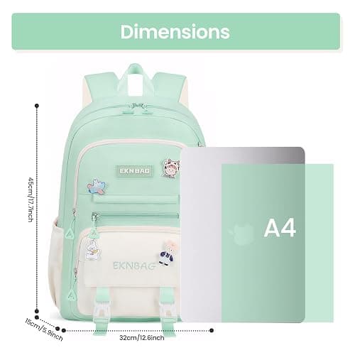 Tanou School Backpacks for Girls, 20 Liters Kawaii Girls School Bag with Pendant, Lightweight Nylon Childrens Backpack for Primary Junior School, Green thumbnail 2