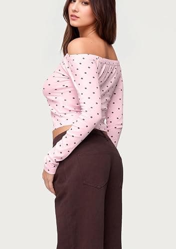 calbatic Polka Dot Off The Shoulder Crop Tops for Women Long Sleeve Slim Fit Going Out T Shirts Sexy Party Clubwear thumbnail 5