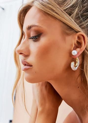 ROGOWOL Acrylic Resin C Shape Open Hoop Earrings with Pearl Ball Back Hypoallergenic Double Sided Faux Pearl Statement Hoop Earrings for Women - 8-Pearl White thumbnail 3